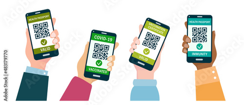 Multiracial group of Hands holding smartphones with Health Passport QR-code Covid-19 immune passports or Digital vaccine green pass certificates. Safe travelling concept flat vector illustration.