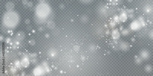 Christmas background. Powder PNG. Magic shining white dust. Fine  shiny dust particles fall off slightly. Fantastic shimmer effect.  