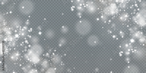 Christmas background. Powder PNG. Magic shining white dust. Fine, shiny dust particles fall off slightly. Fantastic shimmer effect. 