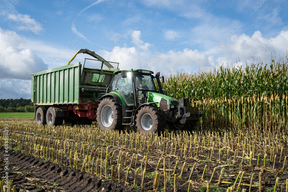 Maisernte - Traktor mit Erntewagen fährt neben dem Häcksler her, um das Erntegut zu laden. Maisernte - Traktor mit Erntewagen fährt neben dem Häcksler her, um das Erntegut zu laden.