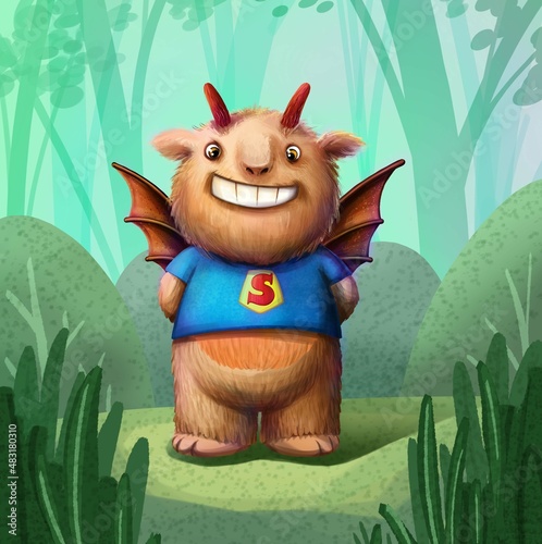 Cute cartoon baby monster in the forest