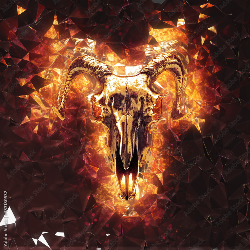 Chrome ram skull engulfed in fire and flames - through cracked glass - 3D  Illustration Stock Illustration | Adobe Stock