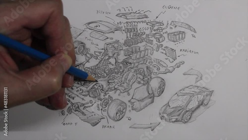 Cutaway supercar V8 piston engine turbocharger freehand sketching. photo