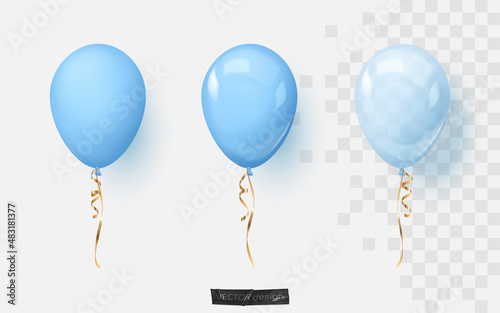 Realistic glossy, mats and transparent blue balloons and gold, golden ribbons. Vector illustration for card, party, design, flyer, poster, decor, banner, web, advertising. 