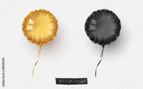 Two realistic gold and black foil circle balloon with ribbons. Vector illustration for card, party, design, flyer, poster, decor, banner, web, advertising.	