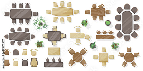 Furniture elements, tables top view for project, dining room, kitchen, living room, office, house, apartment. Isolated Elements for Interior design. Tables, chairs. Furniture symbol set