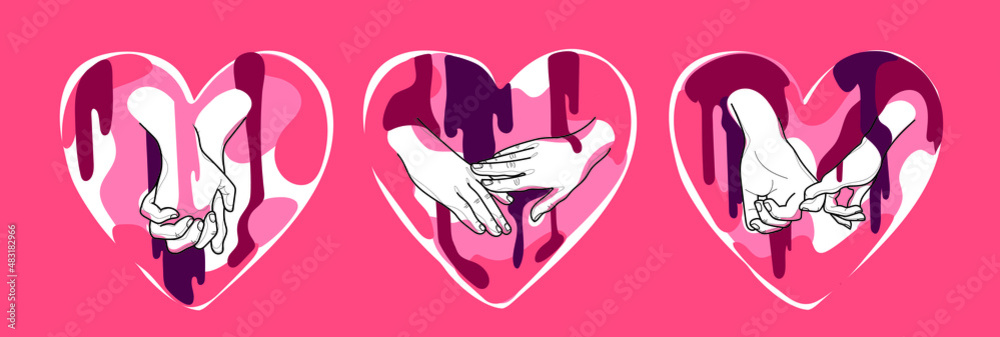 Vector set of holding hands in hearts. Paint drops, dripping ink and graphic black lines.