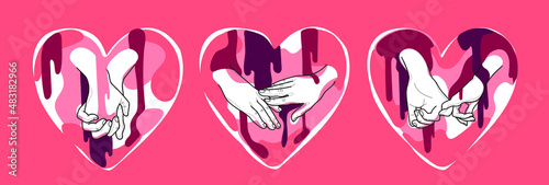 Vector set of holding hands in hearts. Paint drops, dripping ink and graphic black lines.