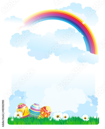 Vertical easter banner with colorful easter eggs, green grass, rainbow and white spring flowers, vector design. Place for text