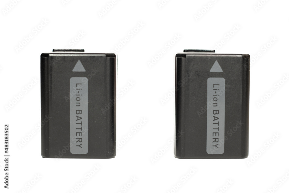 Fototapeta premium Two black plastic lithium ion batteries for sony photo camera with pure white background. for sony a6300 ,a6400 ,a6600. NP-FW50.