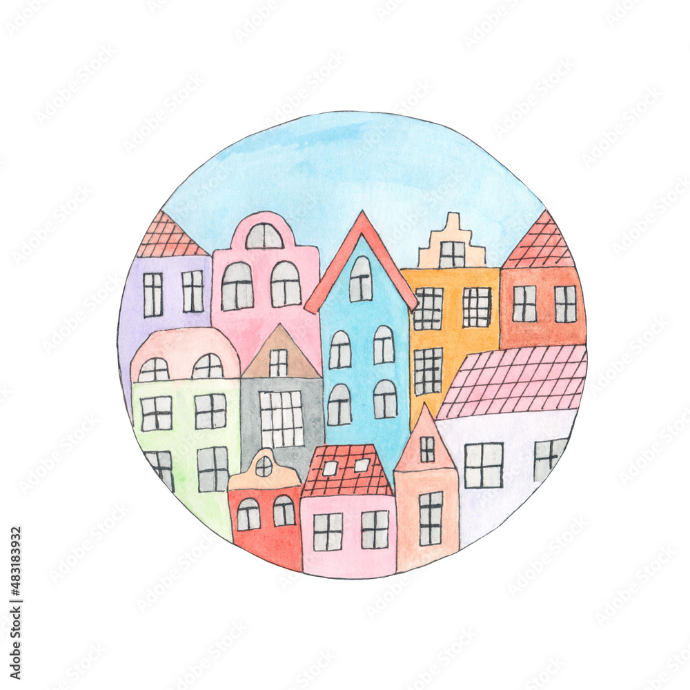 illustration of a cute set of watercolor colorful houses in a circle in a childish style on a hand-drawn brush
