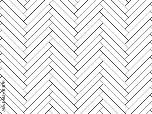 Herringbone seamless pattern. Wooden parquet design texture. Modern interior flooring design. Realistic diagonal texture. Black and white ector illustration.