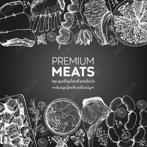 Meat and sausages top view. Engraved style background. Hand drawn vector illustration. Meat products design template