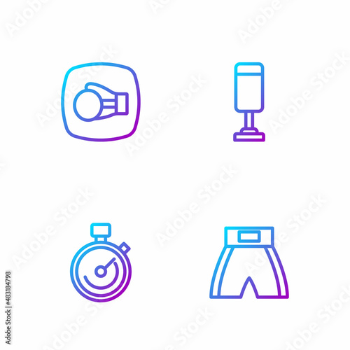 Set line Boxing short, Stopwatch, glove and Punching bag. Gradient color icons. Vector