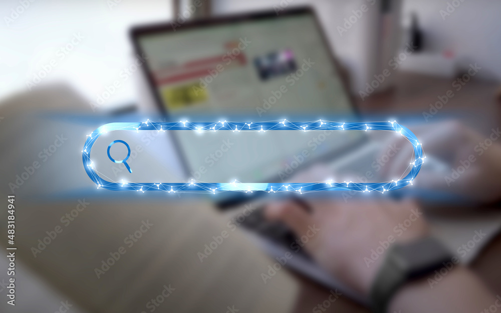 Modern illustrated search field of an online search engine with a person working on a laptop in the background, digitization, study, research, internet Modern illustrated search field of an online search engine with a person working on a laptop in the background, digitization, study, research, internet