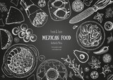 Mexican food top view frame. A set of classic mexican dishes . Food menu design template. Vintage hand drawn sketch, vector illustration. Mexican cuisine.
