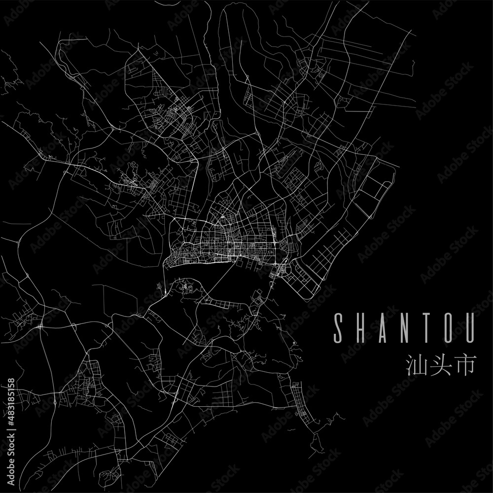 Shantou city province vector map poster. China municipality square linear road map, administrative municipal area.