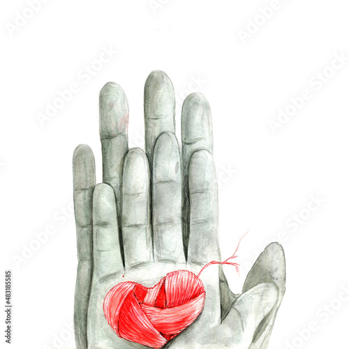 Watercolor illustration of a man's and a woman's hand with a red ball in the shape of a heart.