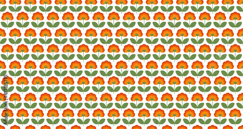 stylized flower with orange petals and green leaves, flat graphics, repeating pattern, seamless