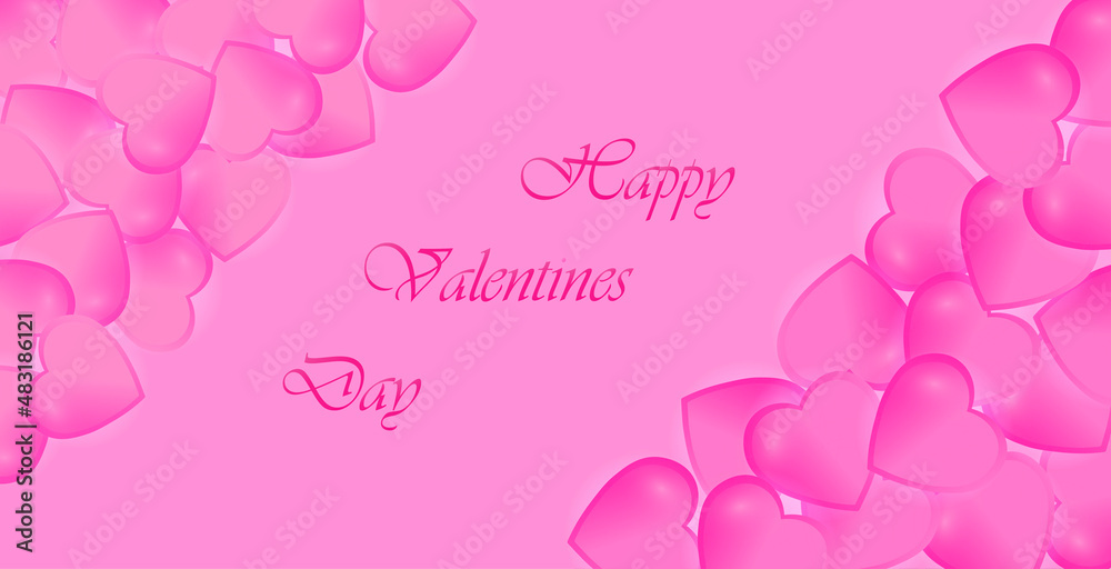 Happy Valentine's Day greeting card with pink hearts on a pink background. Beautiful template for design, holiday card, banner, poster.