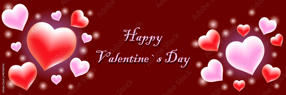 Happy Valentine's Day greeting card with pink and red hearts on a burgundy background. Beautiful template for design, holiday card, banner, poster.
