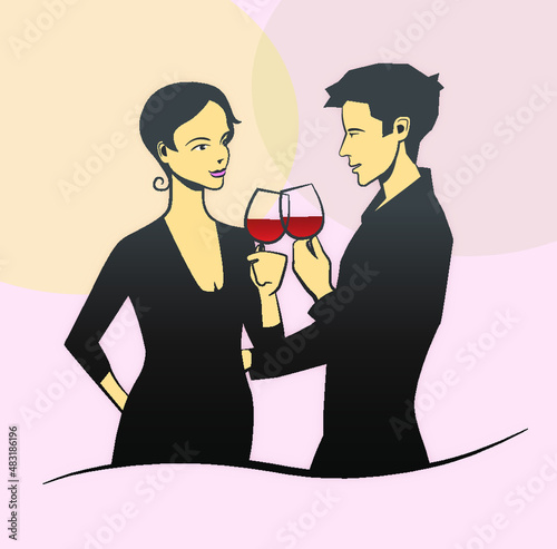 Side profile of romantic couple in love standing and drinking wine. Romantic date, realationship, valentine day.  