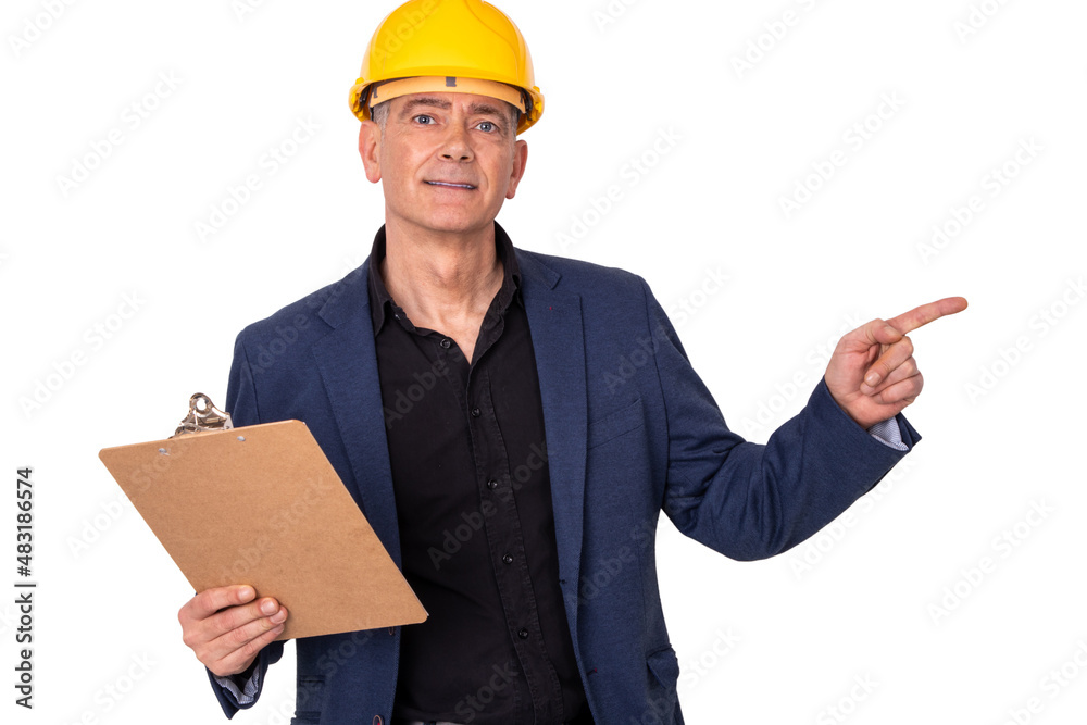 builder or architect with helmet isolated on white builder or architect with helmet isolated on white