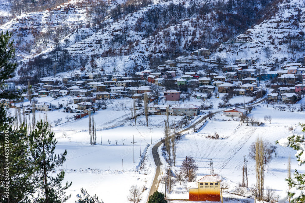 Snow-covered forest and village views of Bozdag in İzmir, Turkey