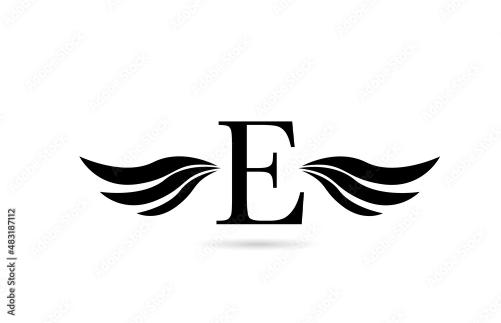 E alphabet letter logo icon design with wings. Creative template for business and company in white and black E alphabet letter logo icon design with wings. Creative template for business and company in white and black
