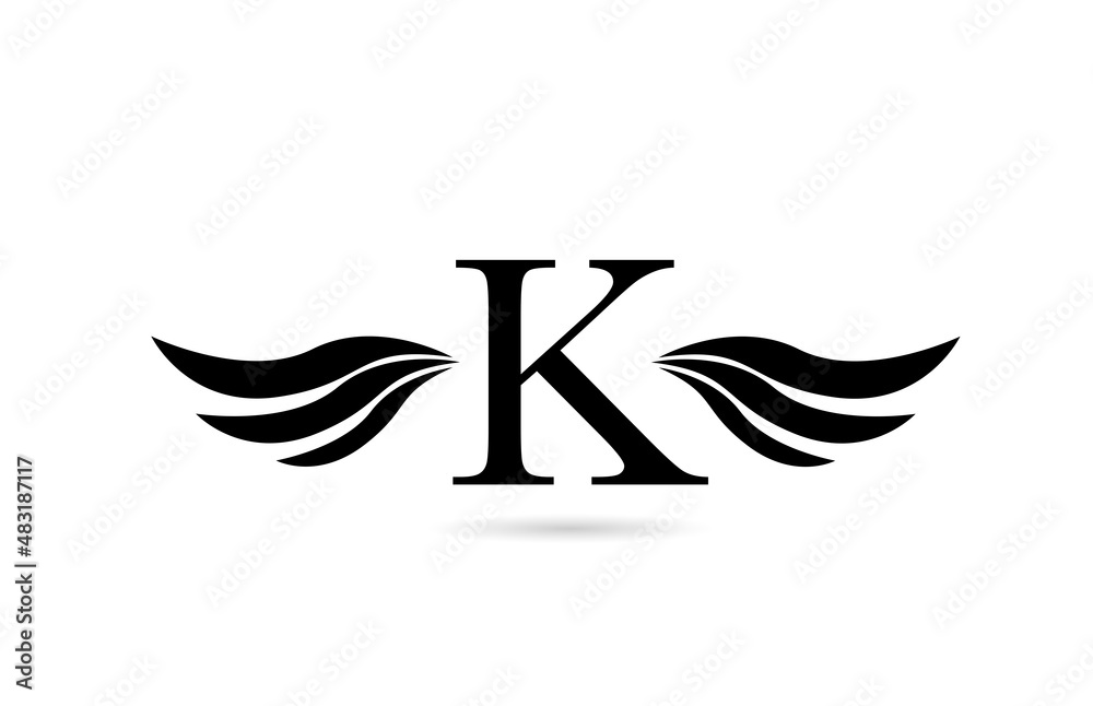 K alphabet letter logo icon design with wings. Creative template for business and company in white and black K alphabet letter logo icon design with wings. Creative template for business and company in white and black