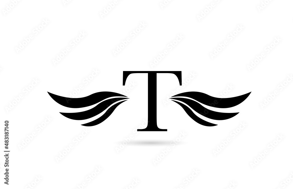T alphabet letter logo icon design with wings. Creative template for business and company in white and black T alphabet letter logo icon design with wings. Creative template for business and company in white and black
