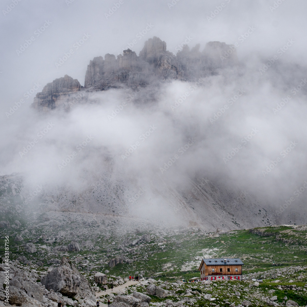 Rifugio Lavaredo mountain shelter before a coming storm, Tre Cime di Lavaredo, Dolomites, Italy