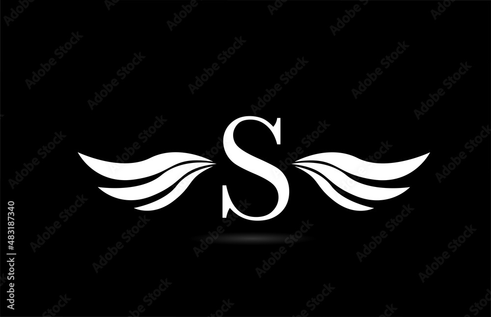 Black and white alphabet S letter logo icon with wings design. Creative template for company and business Black and white alphabet S letter logo icon with wings design. Creative template for company and business
