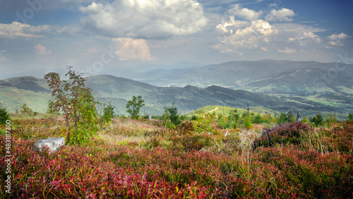 Fotografie View from Mt Barania Góra towards the town of Węgierska Górka in early autumn, S