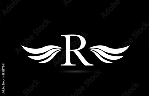 Fototapeta Naklejka Na Ścianę i Meble -  Black and white alphabet R letter logo icon with wings design. Creative template for company and business