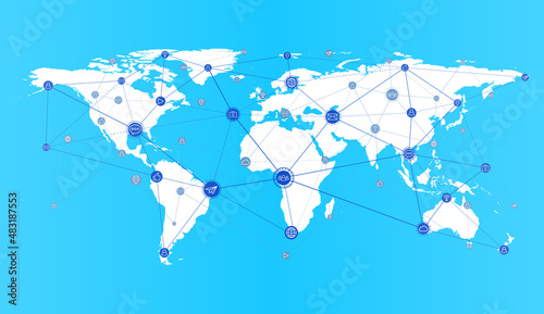 White World map with continents, connection lines and communications/social icons on blue background. Vector illustration EPS10.