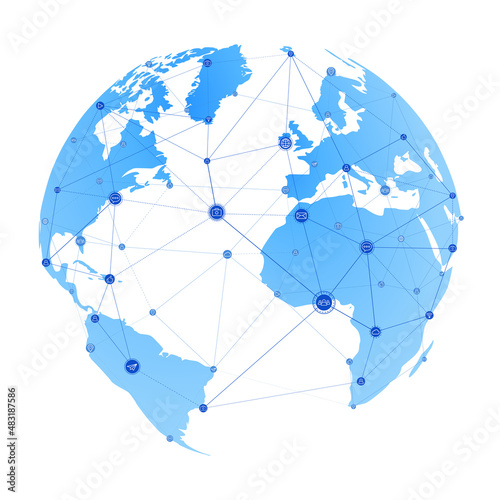 Blue Earth globe with continents, connection lines and communications/social icons background illustration. Vector EPS10.