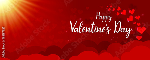 Valentine's day card design in red with hearts and sunlight. Romance and love concept.