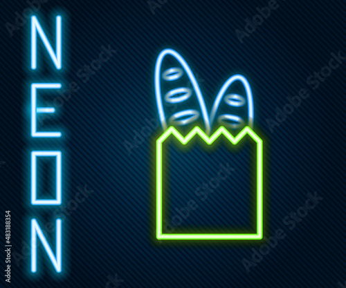 Glowing neon line French baguette bread icon isolated on black background. Colorful outline concept. Vector