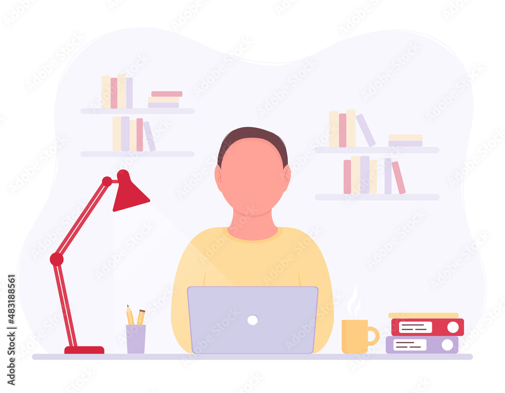 The concept of a home office, a man working at home, sitting at a desk, a student or a freelancer. Office work. Vector illustration in a flat style. Without a face The concept of a home office, a man working at home, sitting at a desk, a student or a freelancer. Office work. Vector illustration in a flat style. Without a face