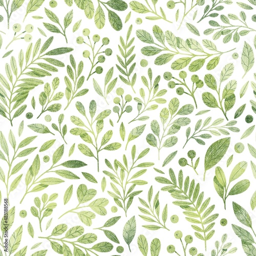 Tiny green leaves seamless pattern isolated on white background. Botanical illustration. Fresh and bright colors. Cute leaves wallpaper or textile design.  © Helga