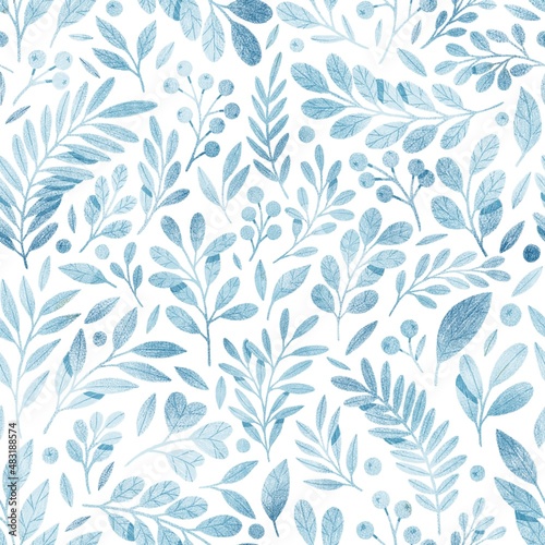 Tiny blue leaves seamless pattern isolated on white background. Botanical illustration. Fresh and bright colors. Cute leaves wallpaper or textile design. 