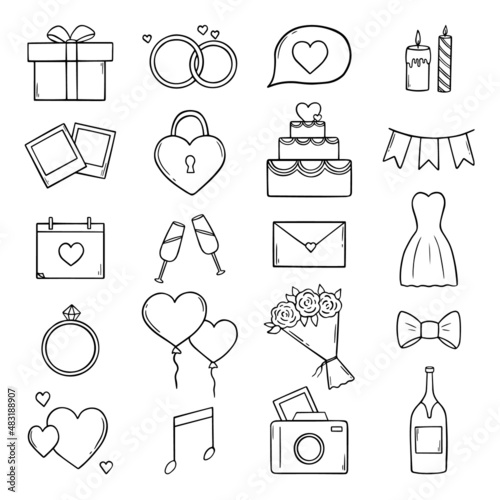 Hand drawn set of wedding doodle icons. Wedding symbols in sketch style for invitations, greeting cards, posters. Vector illustration isolated on white background.