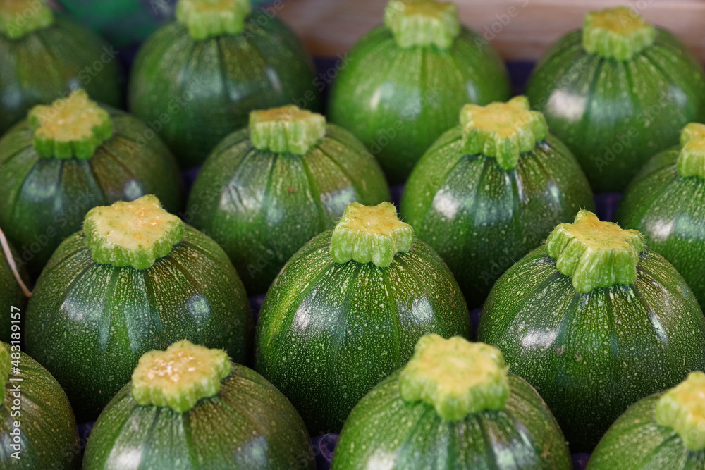Close up fresh green zucchini on retail display Close up fresh green zucchini on retail display