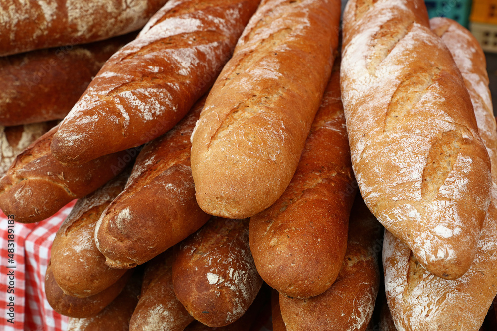 Fresh French baguette bread on retail display Fresh French baguette bread on retail display