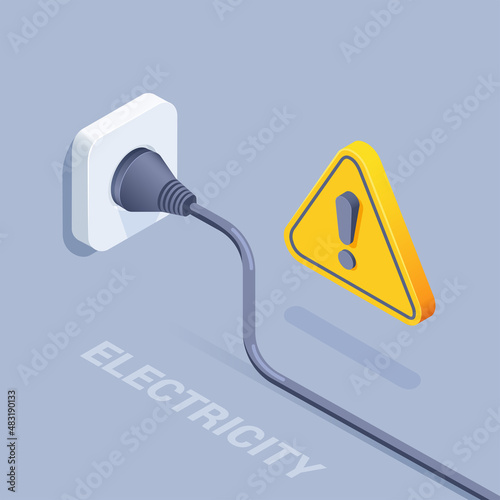 isometric vector illustration on a gray background, electric wire plugged into a socket and an exclamation mark, caution electricity