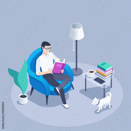 isometric vector illustration on a gray background, a man in an armchair reads a book and next to it on a coffee table a stack of books and coffee, home leisure