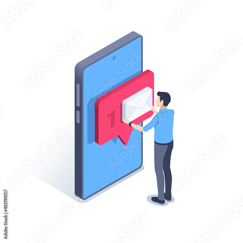 isometric vector illustration on a white background, a man received a message about an incoming letter on a smartphone, a text bubble with an envelope