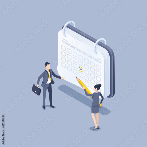 isometric vector illustration on a gray background, a man and a woman in business suits stand near the calendar, the planned date