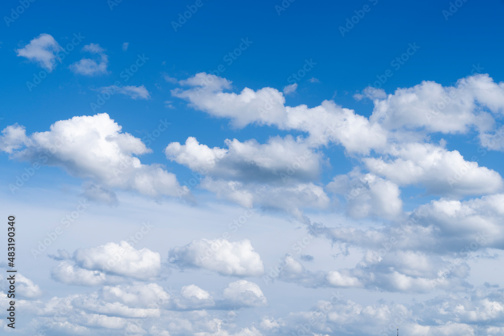 A skyscape with cumulus clouds in white and grey and a clear deep blue sky in the summer A skyscape with cumulus clouds in white and grey and a clear deep blue sky in the summer